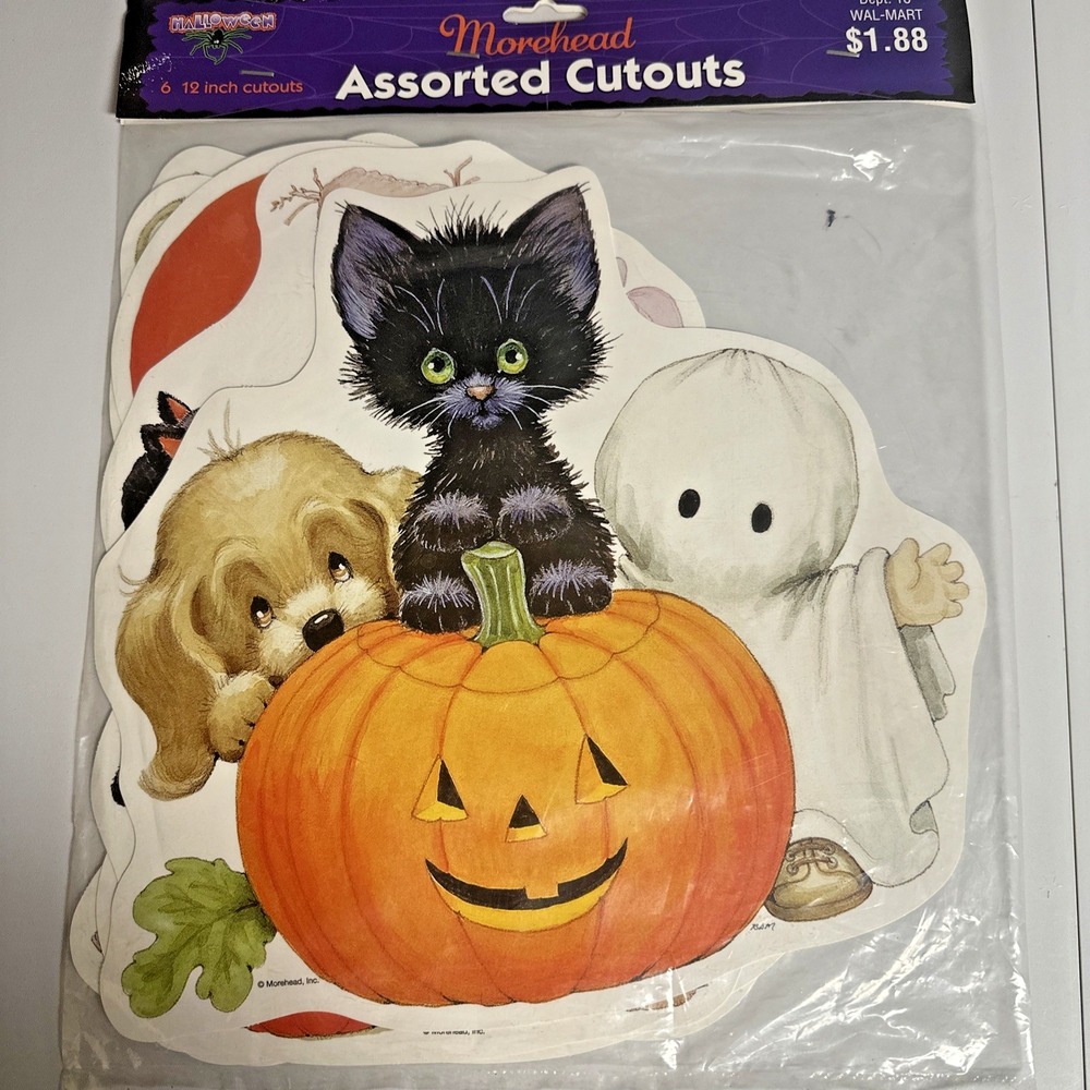 Vintage Halloween Die Cut Decorations Morehead Black Cat Ghost Pumpkin Sealed